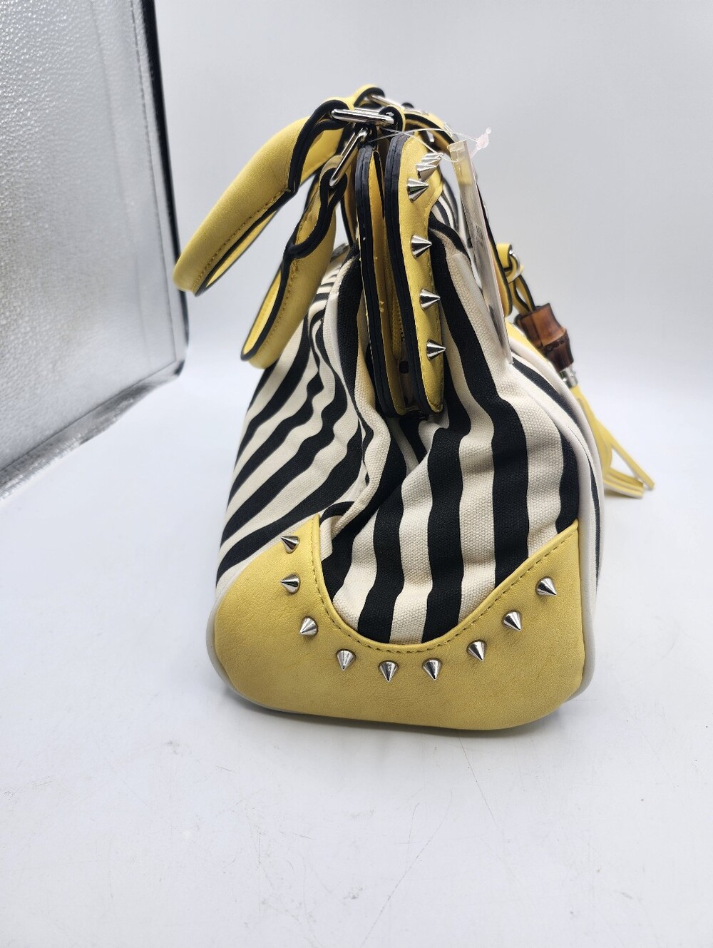 Melie Biiano Yellow Black White Striped Studded Satchel Tassels Luxury Vegan - Picture 4 of 7
